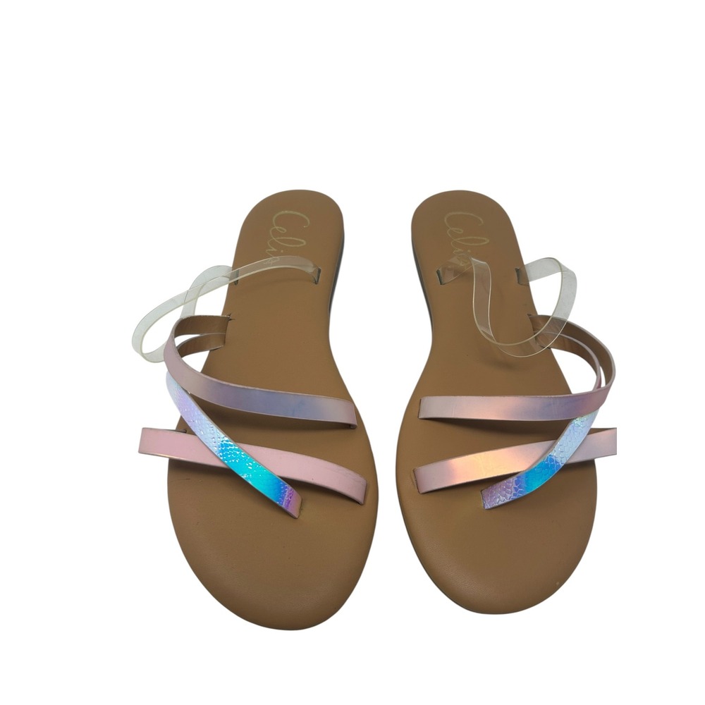 Celia Womens Iridescent Pink Clear Strappy Flat Sandals Slides Size 8